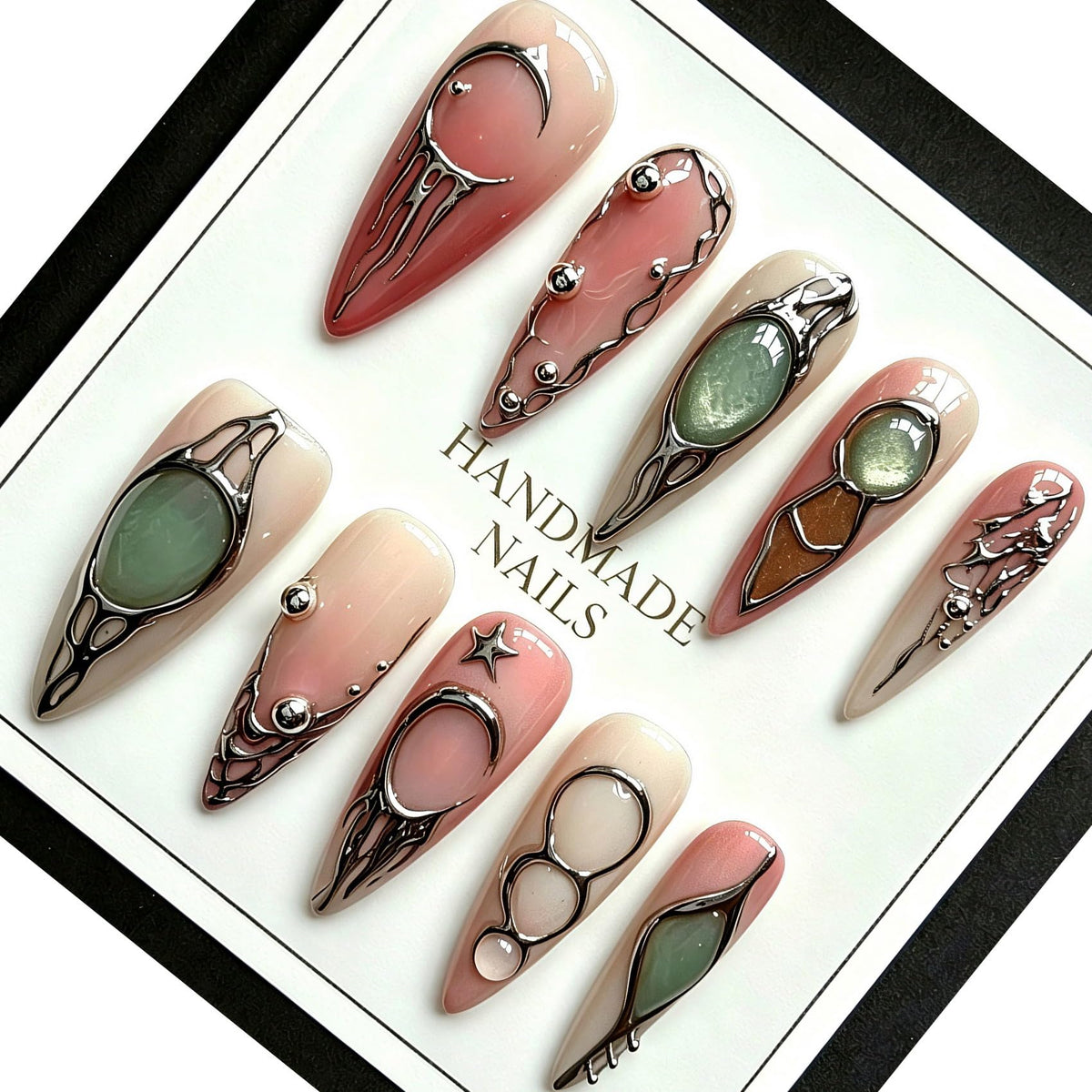 Handmade Almond Press on Nails, Abstract 3D Floral Gold, 10Pcs