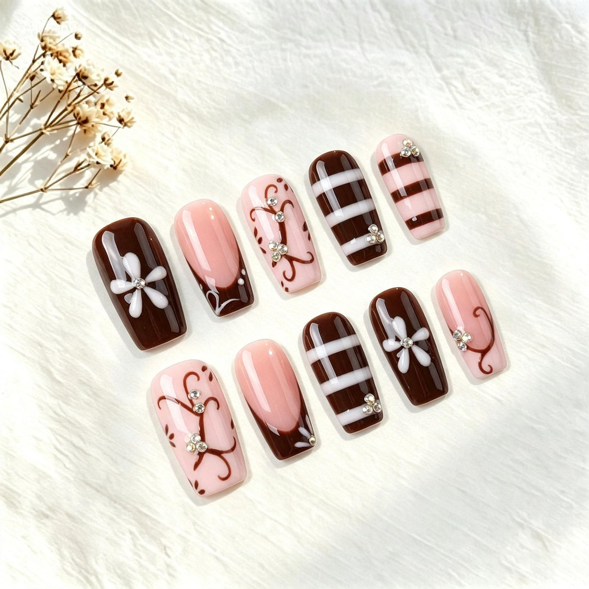 Handmade Press on Nails Medium Square Brown Gradient False Nails with 3D Flower and Swirl Design French Tip Fake Nails Luxury Reusable Acrylic Nails Press Ons for Women 10Pcs (Size M)