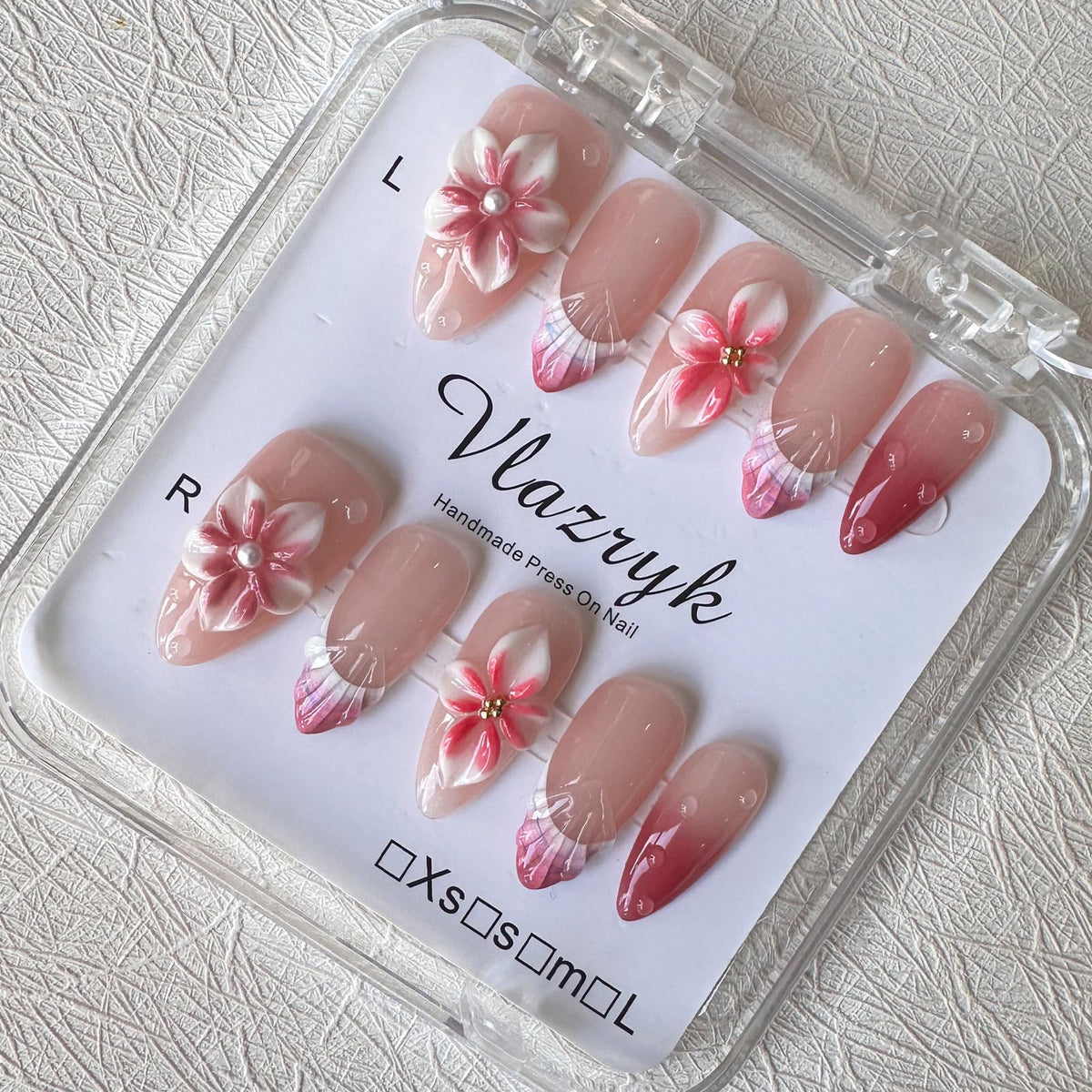 Handmade Press On Nails – Short Almond False Nails for Women, Reusable Acrylic White French Tip with Pearl & 3D Flowers Design – Salon Quality Fake Nails (10PCS Size S)