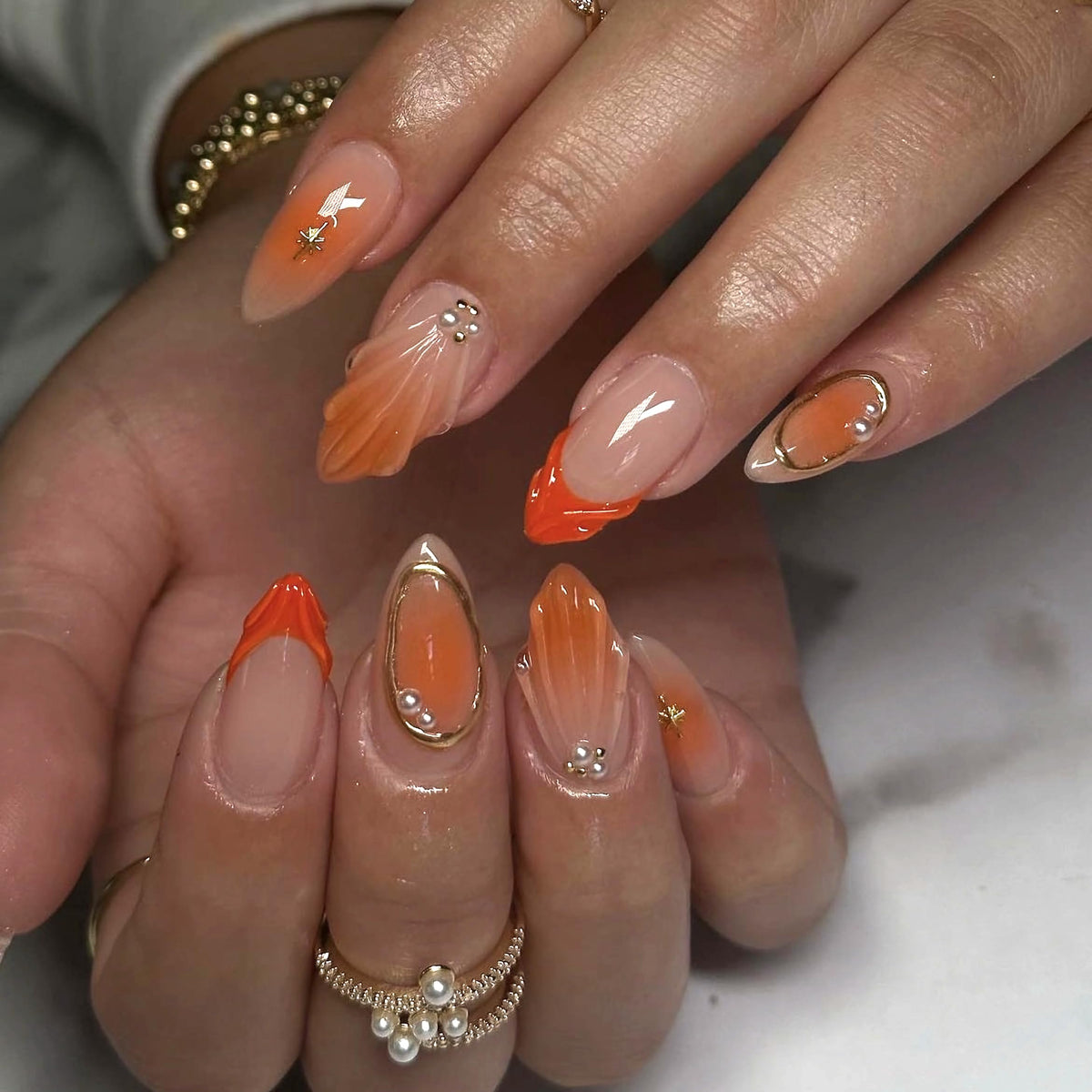 MERVF Medium Almond Press on Nails - White Ombre French Tip Fake Acrylic Nails, Rhinestones Gold Rings Design Wedding Glossy Finish 24pcs