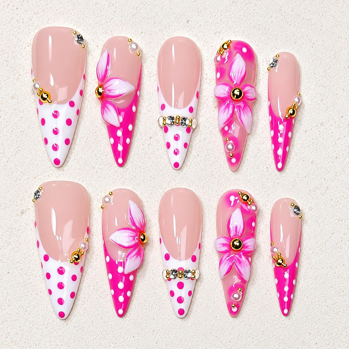 Handmade Press on Nails Long Stiletto - Liquid Gold Abstract Acrylic Fake Nails with Blue Shimmer & Colorful Gems, Luxury Reusable False Nails 10 pcs (Size M)