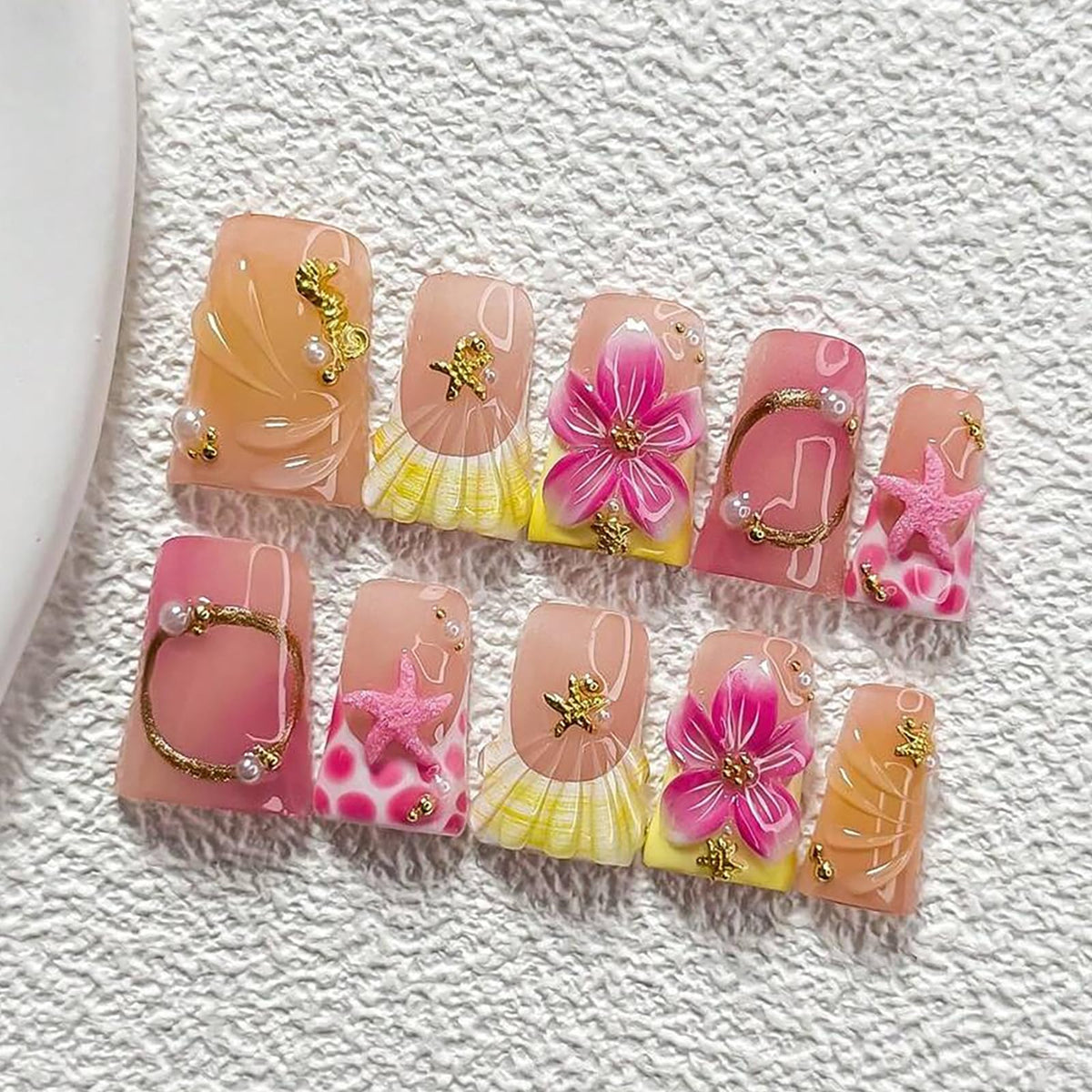 Handmade Press On Nails Short Square Nude 10PCS French Tip Fake Nails with 3D Gold Pearl Charms, Hand Painted Luxury Reusable Stick On Nails for Wedding Bridal Prom(M)