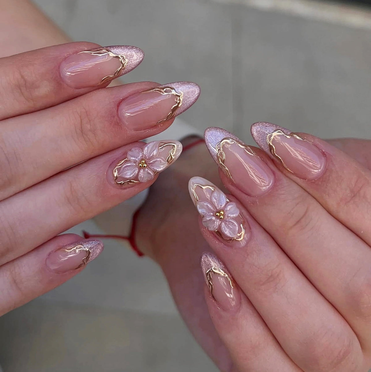 MERVF Medium Almond Press on Nails - White Ombre French Tip Fake Acrylic Nails, Rhinestones Gold Rings Design Wedding Glossy Finish 24pcs