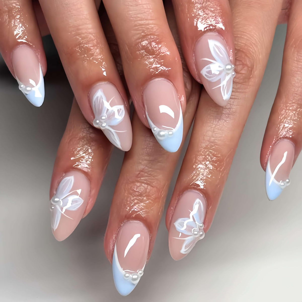 Medium Almond Press On Nails, Milky Nude Fake Nails with White French Tips, Gold Outline Design, Rhinestone and Pearl Accents, Glossy Reusable Glue On Nails for Women Wedding, 24PCS
