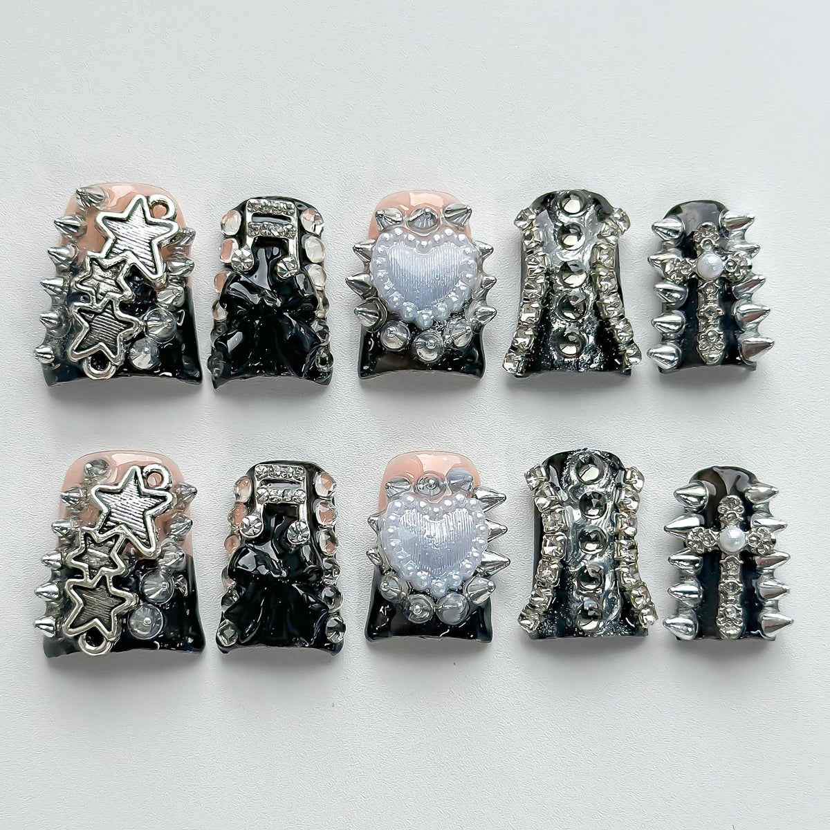 Handmade Press On Nails Short Square Nude 10PCS French Tip Fake Nails with 3D Gold Pearl Charms, Hand Painted Luxury Reusable Stick On Nails for Wedding Bridal Prom(M)