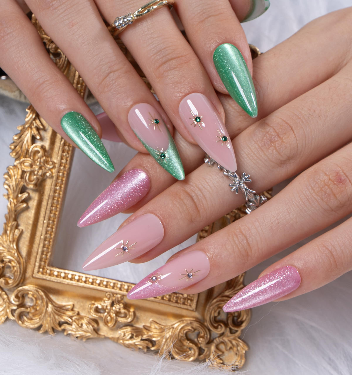 CurvLife Long French Tip Press On Nails, Pearl Rhinestones, Soft Gel