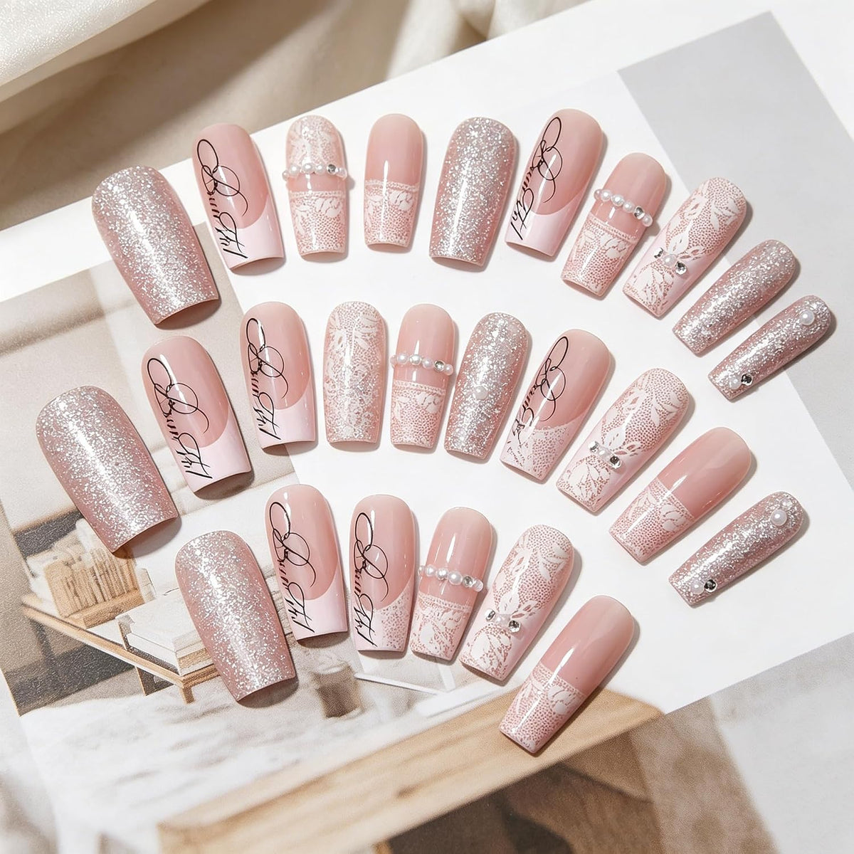 BABALAL Press On Nails Long Square Fake Nails Nude Pink White French Tip Lace Pearl Rhinestone Glossy Bridal Wedding Glue On Nails 24Pcs