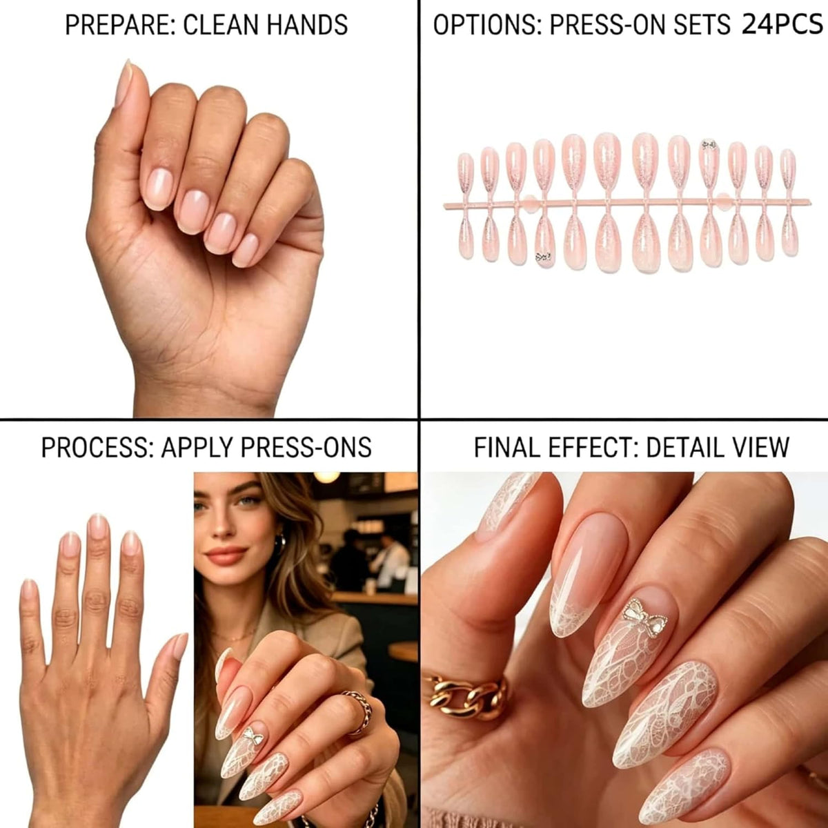 Lace Print Short Almond Press On Nails with 3D Rhinestones 24Pcs