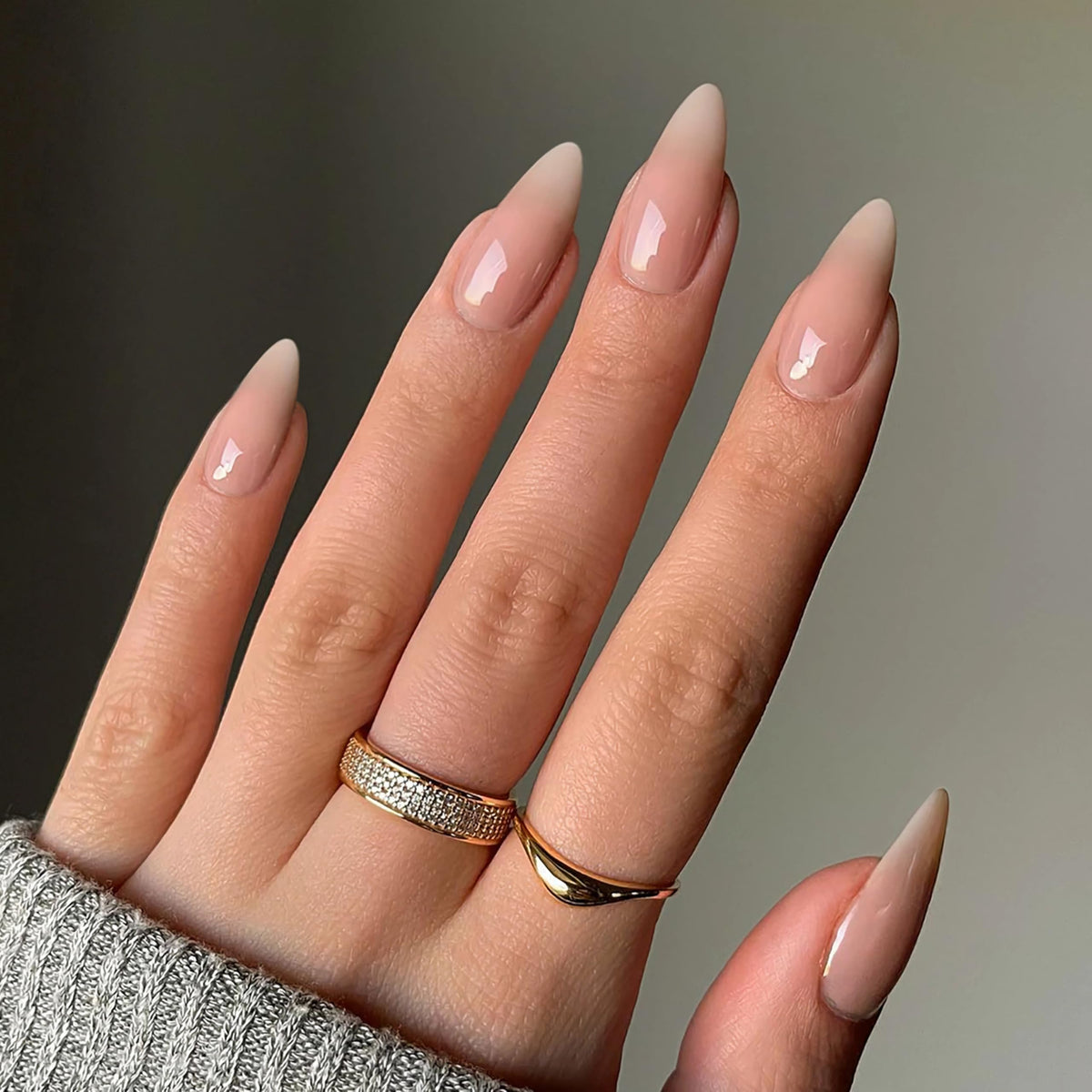 Qsnidy Press on Nails Almond, Ombre Nude to White, Glossy Fake Nails