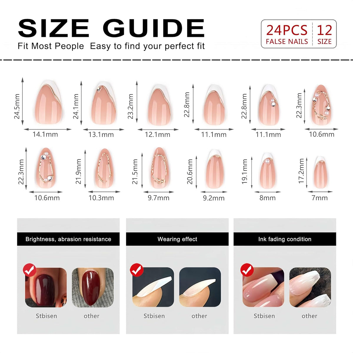 Medium Almond Press On Nails, Milky Nude Fake Nails with White French Tips, Gold Outline Design, Rhinestone and Pearl Accents, Glossy Reusable Glue On Nails for Women Wedding, 24PCS