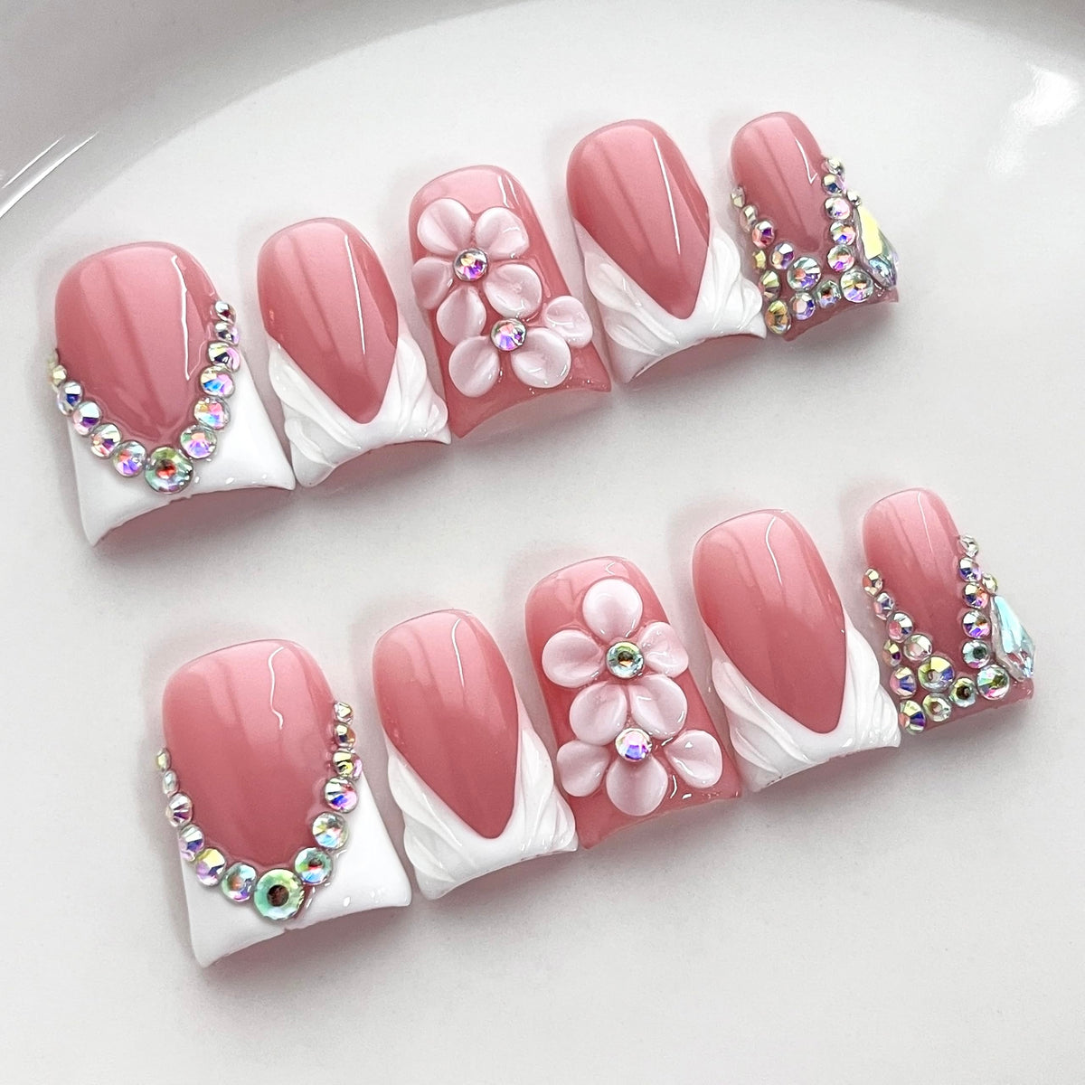 Handmade Press On Nails Short Square Nude 10PCS French Tip Fake Nails with 3D Gold Pearl Charms, Hand Painted Luxury Reusable Stick On Nails for Wedding Bridal Prom(M)