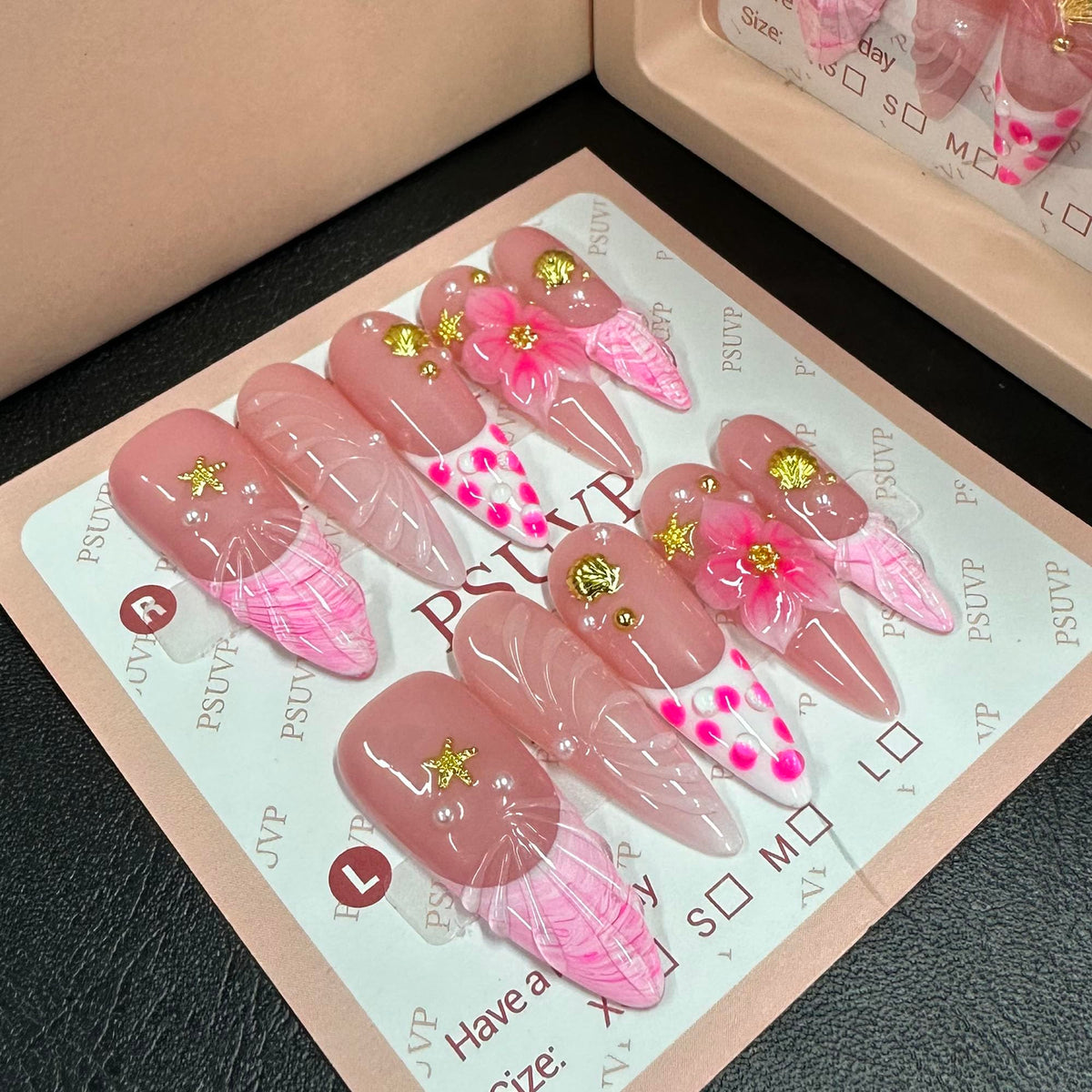 10Pcs Handmade Press On Nails 3D White Floral Luxury Diamond Coffin M