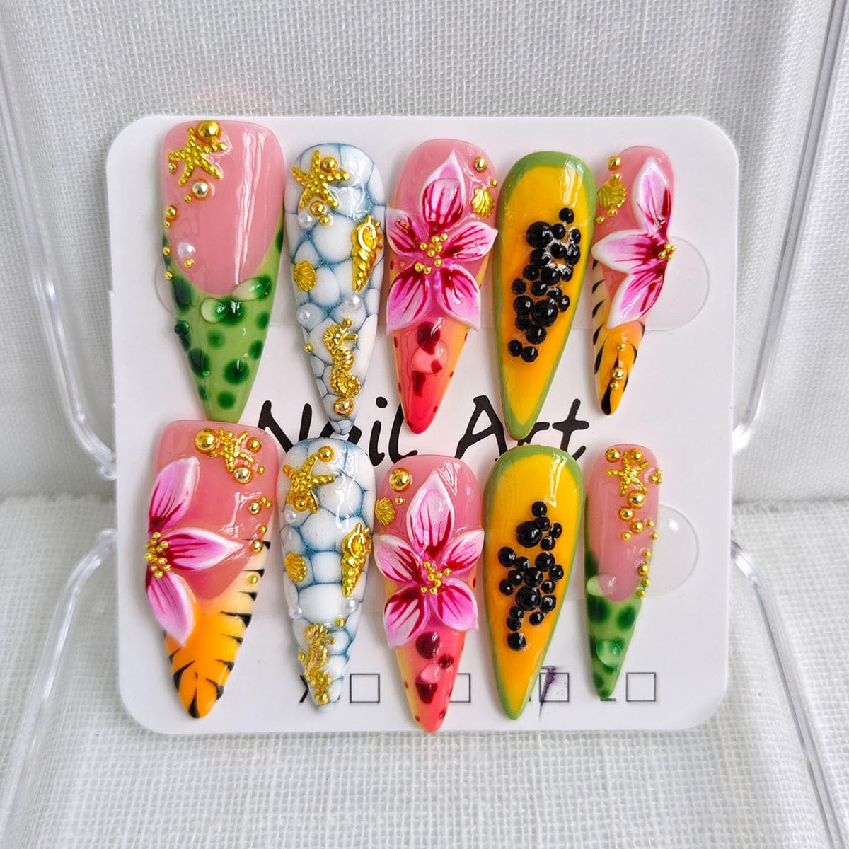 Press on Nails Long Stiletto Handmade French Yellow 10Pcs (Size M)