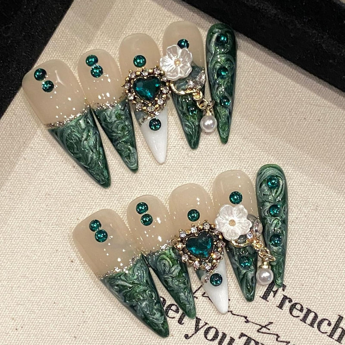 Nude Jelly Press on Nails Long Coffin, Handmade Luxury Rhinestone False Nails with Crystal & Pearl, Glossy Nude Ballerina Fake Nails Reusable Stick On Nails Set for Women 10Pcs