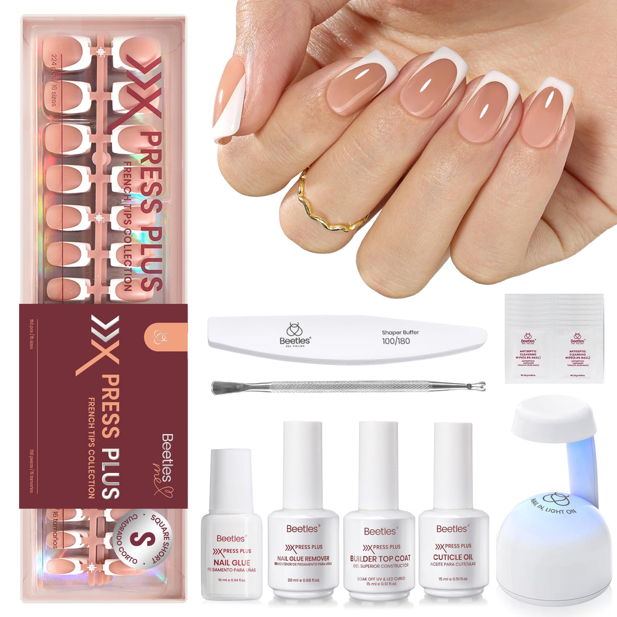 Beetles French Tips Press On Nails - Short Square 150 Pcs