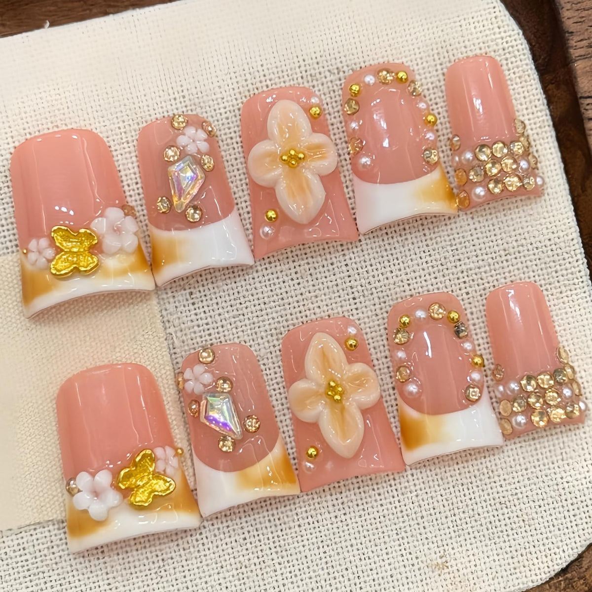 Nude Jelly Press on Nails Long Coffin, Handmade Luxury Rhinestone False Nails with Crystal & Pearl, Glossy Nude Ballerina Fake Nails Reusable Stick On Nails Set for Women 10Pcs