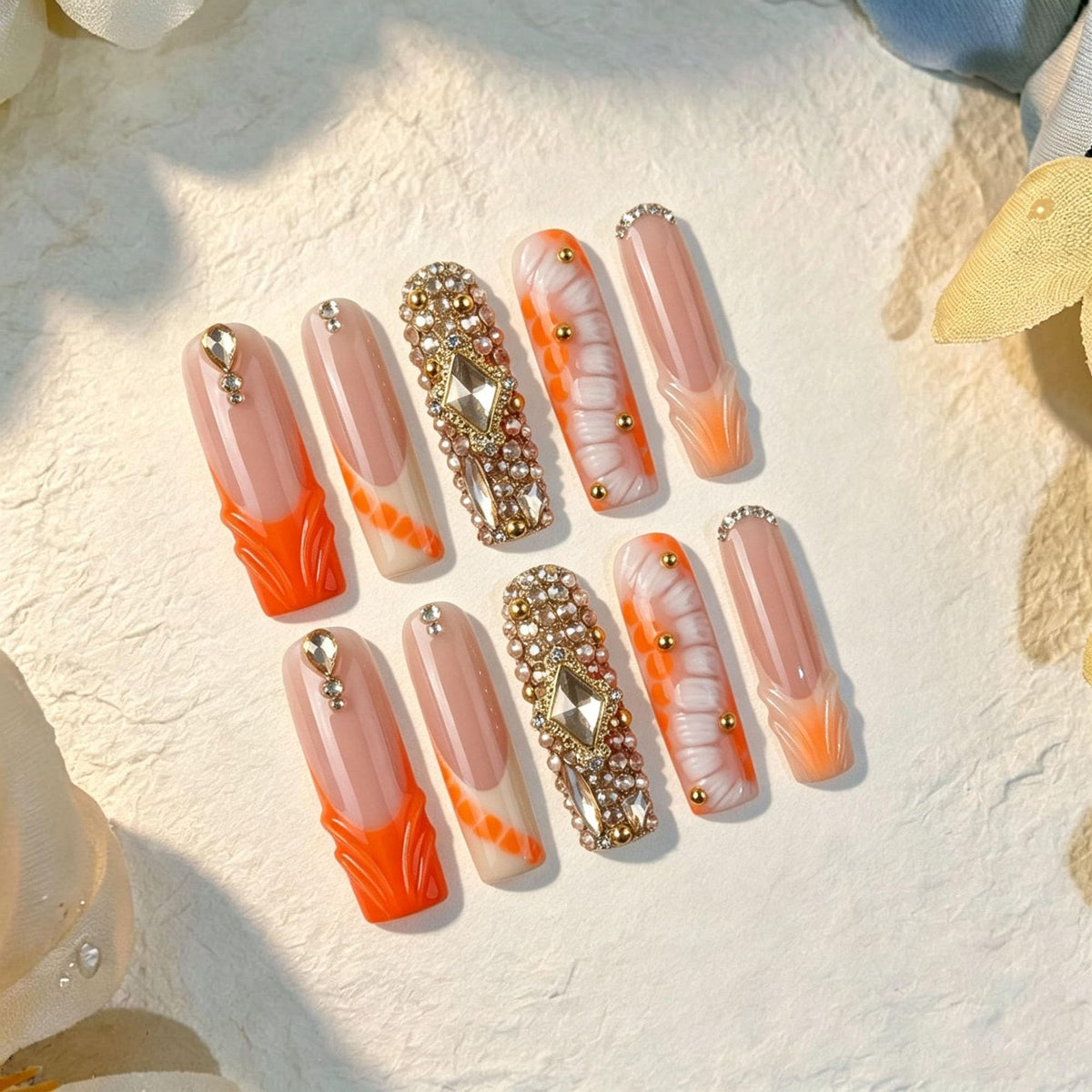 Luxury Handmade Press on Nails Long Coffin Fake Nails Rhinestone Crystal Full Cover False Nails with Glue with Designs Sparkly Long Acrylic Nail Reusable Stick on Nail for Women 10Pcs(Size M)