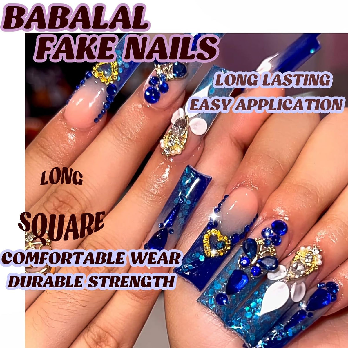 BABALAL Long Square Press on Nails - Blue Fake Nails, Luxury 3D Butterfly Gold Heart Charm Bling Design Full Cover Acrylic Nails Squoval Set 24Pcs