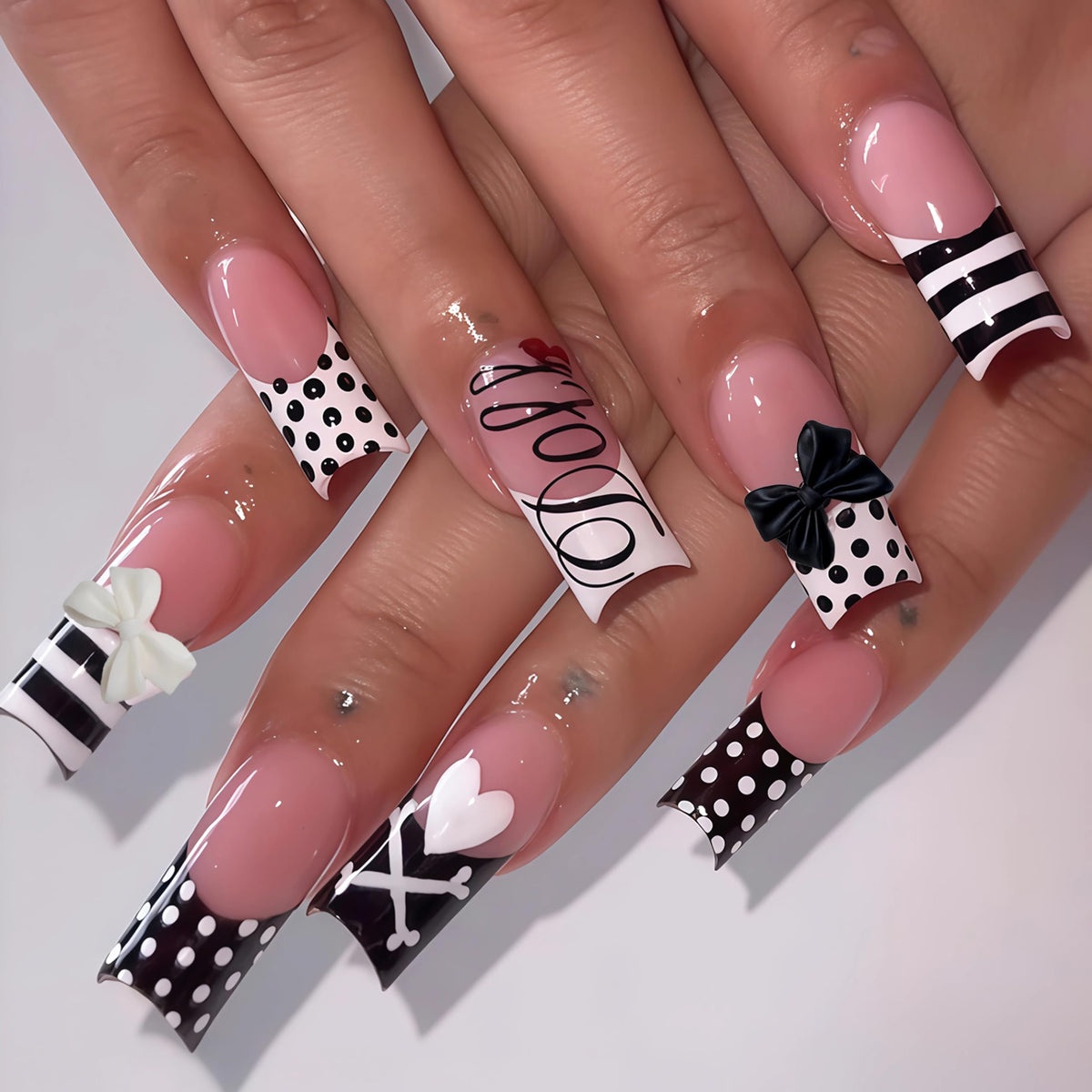 BABALAL Press On Nails Long Square Fake Nails Nude Pink White French Tip Lace Pearl Rhinestone Glossy Bridal Wedding Glue On Nails 24Pcs