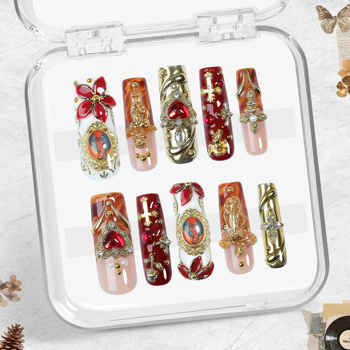Luxury Baroque Press-On Nails 10pcs, Handmade Long Square Acrylic Nails with Sculpted Gold Relief, Gemstone Heart Charms & Pearl Details, Vintage Green Brown Glossy Design for Statement Style – Appife