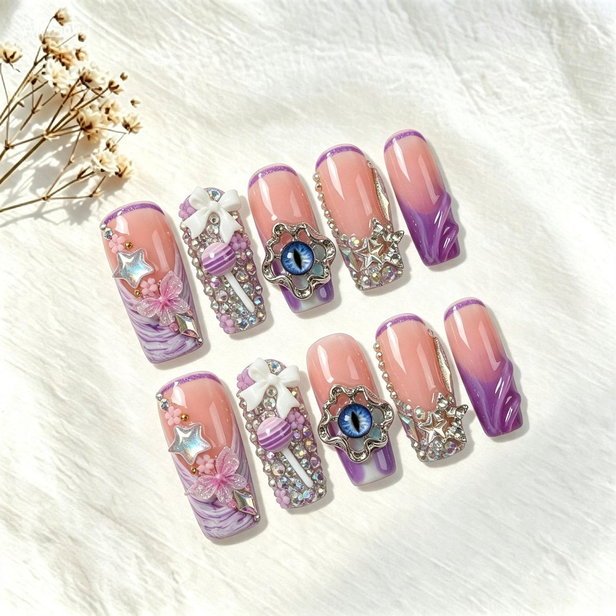 Luxury Handmade Press on Nails Long Coffin Fake Nails Rhinestone Crystal Full Cover False Nails with Glue with Designs Sparkly Long Acrylic Nail Reusable Stick on Nail for Women 10Pcs(Size M)