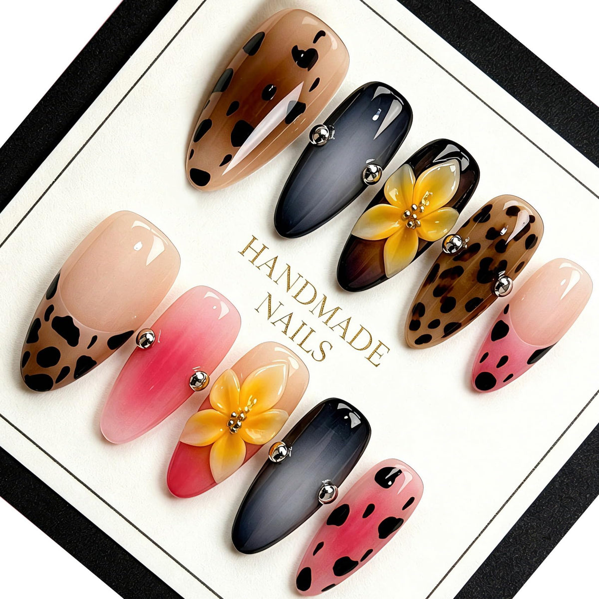 Handmade Almond Press on Nails, Abstract 3D Floral Gold, 10Pcs