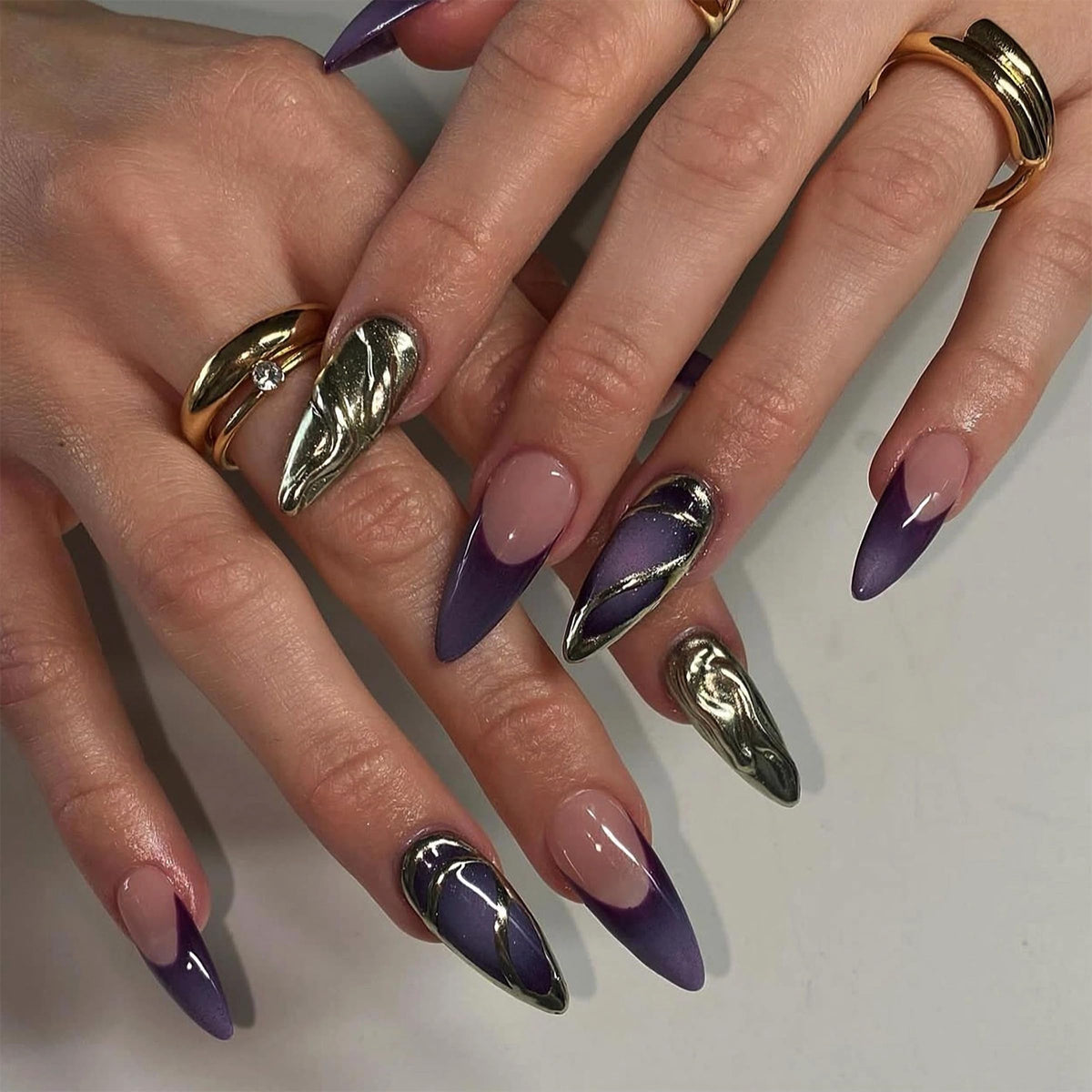 MERVF Medium Almond Press on Nails - White Ombre French Tip Fake Acrylic Nails, Rhinestones Gold Rings Design Wedding Glossy Finish 24pcs