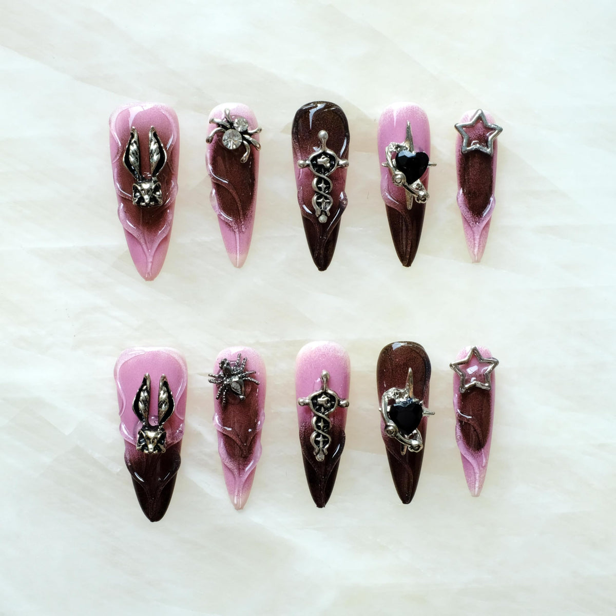 Luxury Handmade Press On Nails, Vintage Bohemian Style, Long Stiletto Shape, Crystal Heart Gems, Gold Stars Design, 10 Pieces (Large, LS)