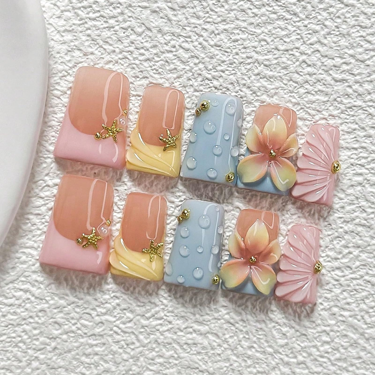 Handmade Press On Nails Short Square Nude 10PCS French Tip Fake Nails with 3D Gold Pearl Charms, Hand Painted Luxury Reusable Stick On Nails for Wedding Bridal Prom(M)