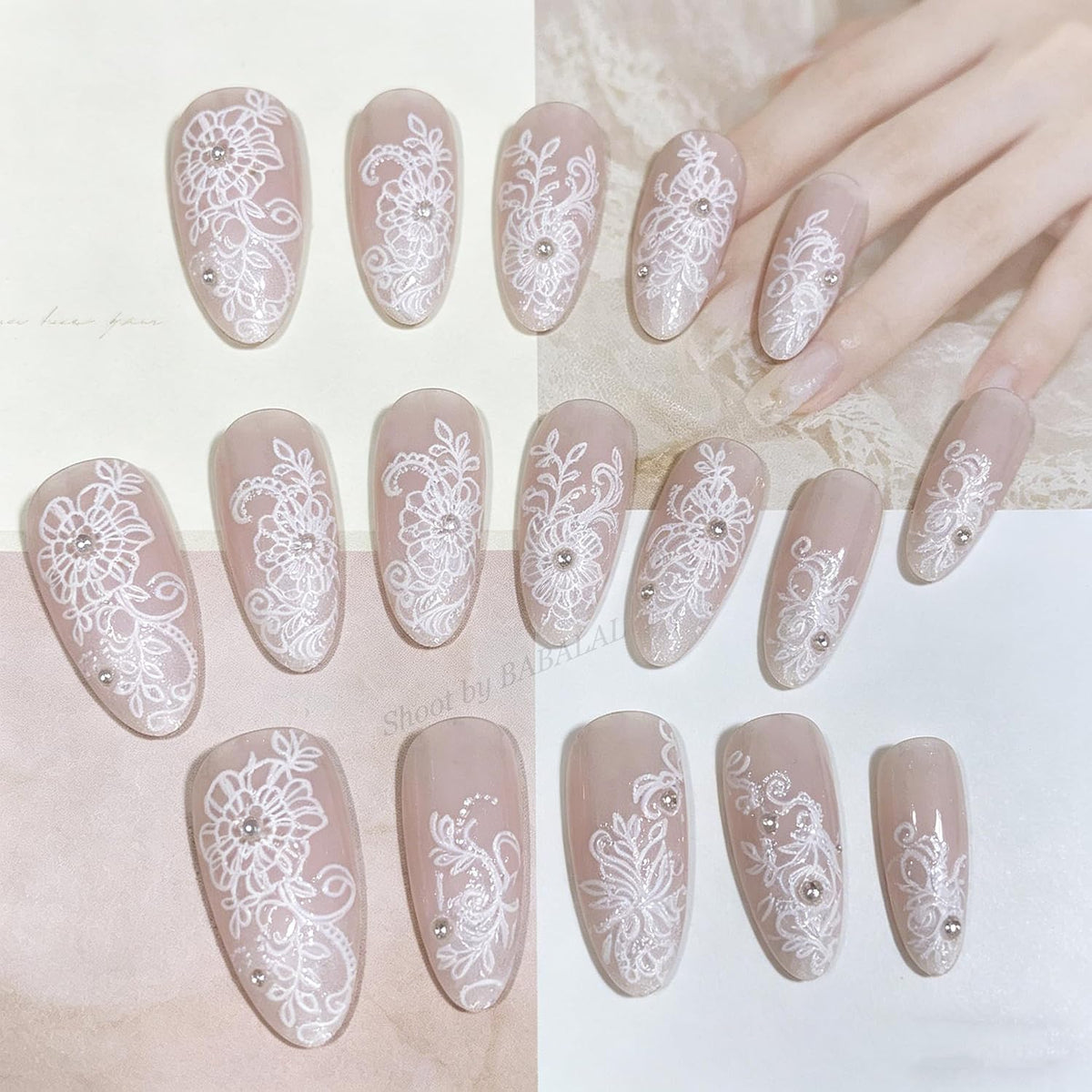 BABALAL Bridal Lace Press On Nails, Medium Almond Fake Nails with 3D White Floral & Pearl, Nude Ombre Acrylic Stick On Nails for Women 24Pcs