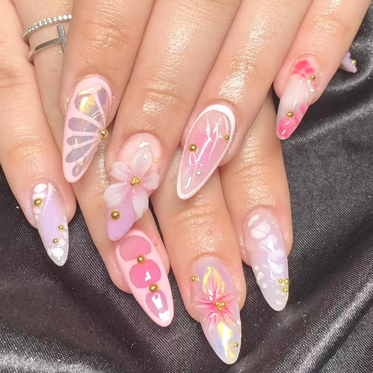 24Pcs French Tip Press on Nails Gloss Short Almond Fake Nails Bow Designs White French Nails Pearl Press ons Cute False Nails Artificial Rhinestones Stick on Nails Acrylic Nails for Women Nail Decor