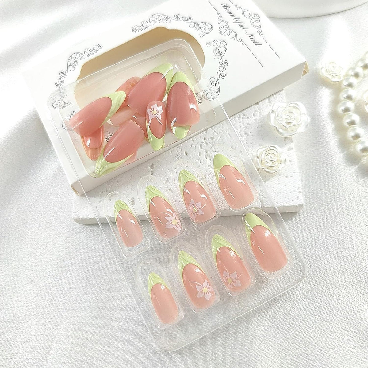 Spring Press on Nails Almond Medium Fake Nails with White Flower Designs French Tip Nails Press ons Light Green False Nails Glossy Glue on Nails Acrylic Nails Nude Stick on Nails for Women 24Pcs