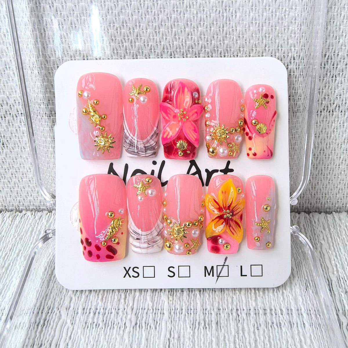 Handmade Press on Nails Medium Square Fake Nails Green Ombre French Tip with 3D Flower Designs luxury Rhinestones Glossy Cute Acrylic Nails for Women 10pcs (Size M）