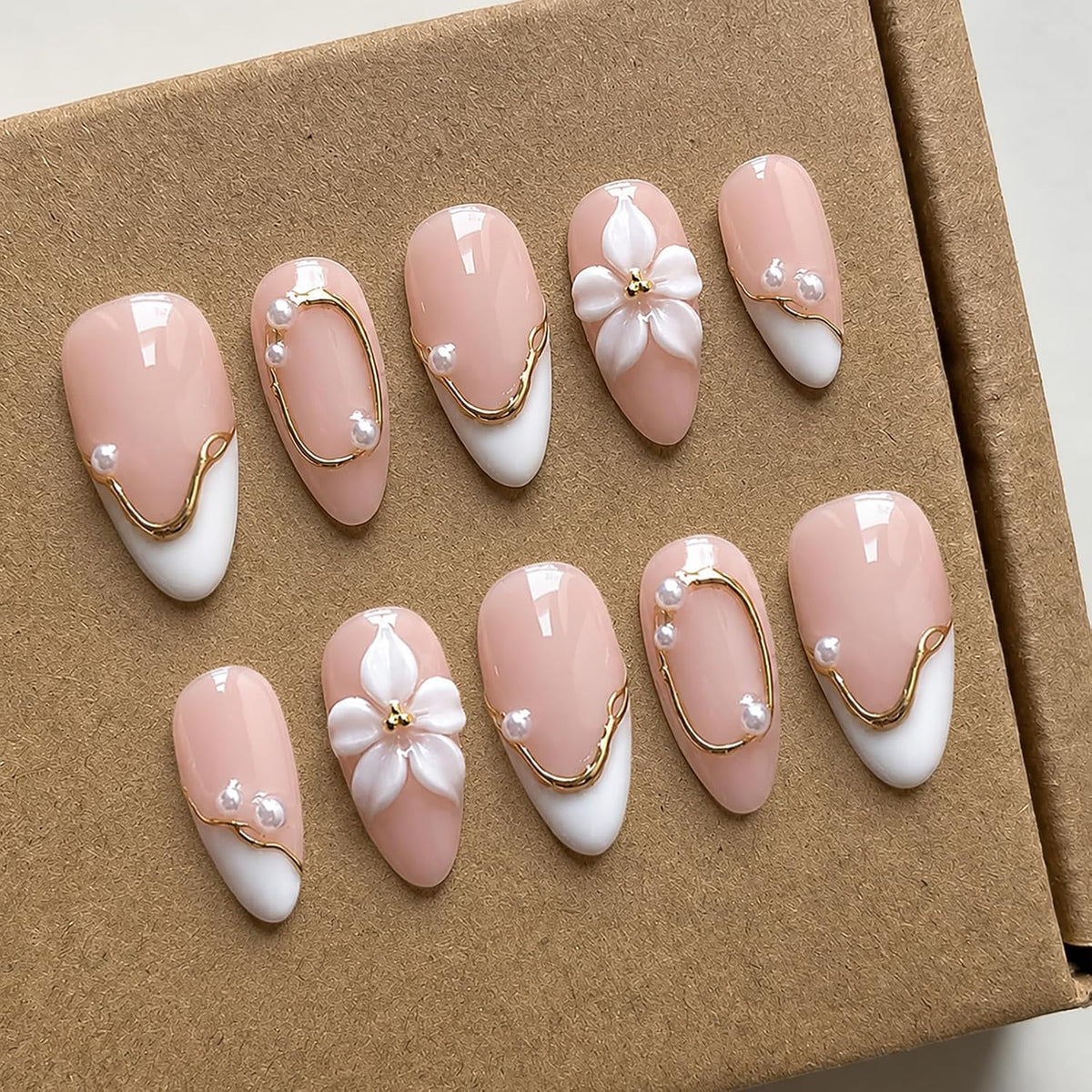 Handmade Almond Press on Nails Medium, Nude White French Tip Fake Nails with 3D White Flower Gold Metal Lines Pearl Decor, Glossy Reusable Full Cover False Nails for Women Wedding Daily(S)