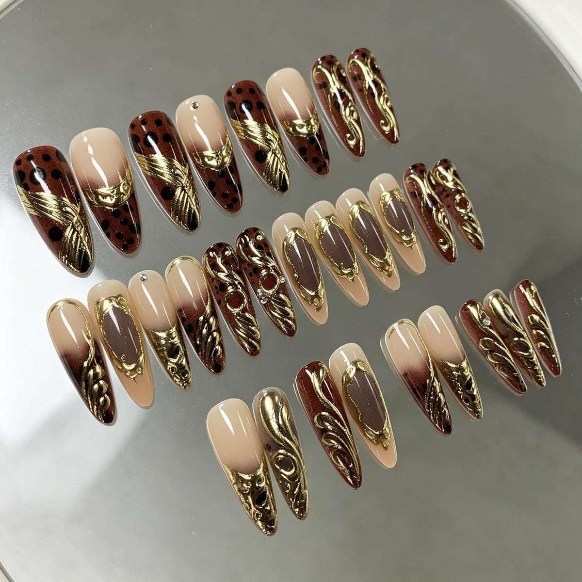 BABALAL Press On Nails Extra Long Stiletto Fake Nails Amber Tortoise Leopard Print 3D Metal Gold Swirl with Rhinestone Vintage Y2K Fall Luxury Glue On Nails