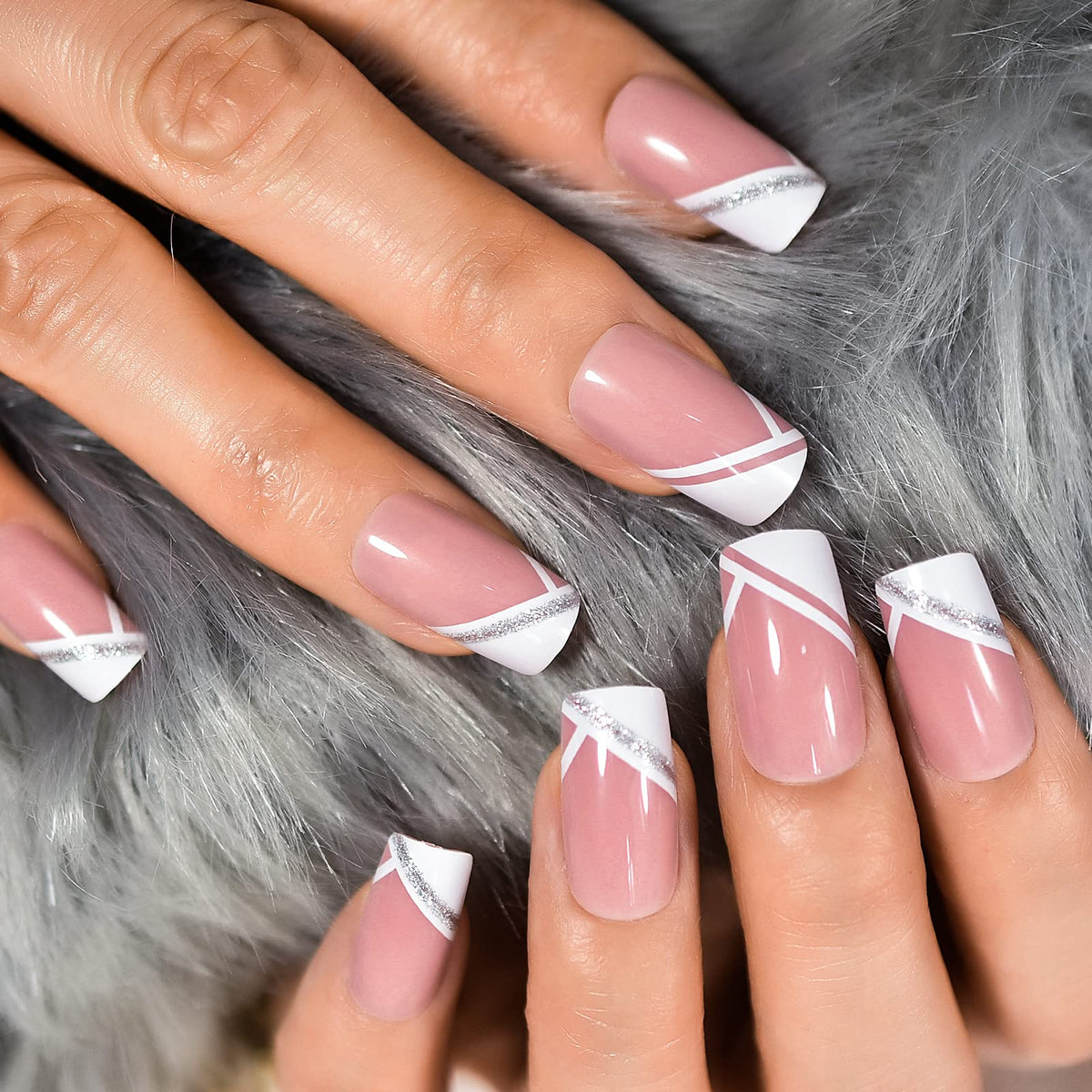 EchiQ Press On Nails Pearl Shine Pink French Nail White Round Fake Nails Short Glossy Satin Artificial Lady Fingernails with Adhesive Tabs