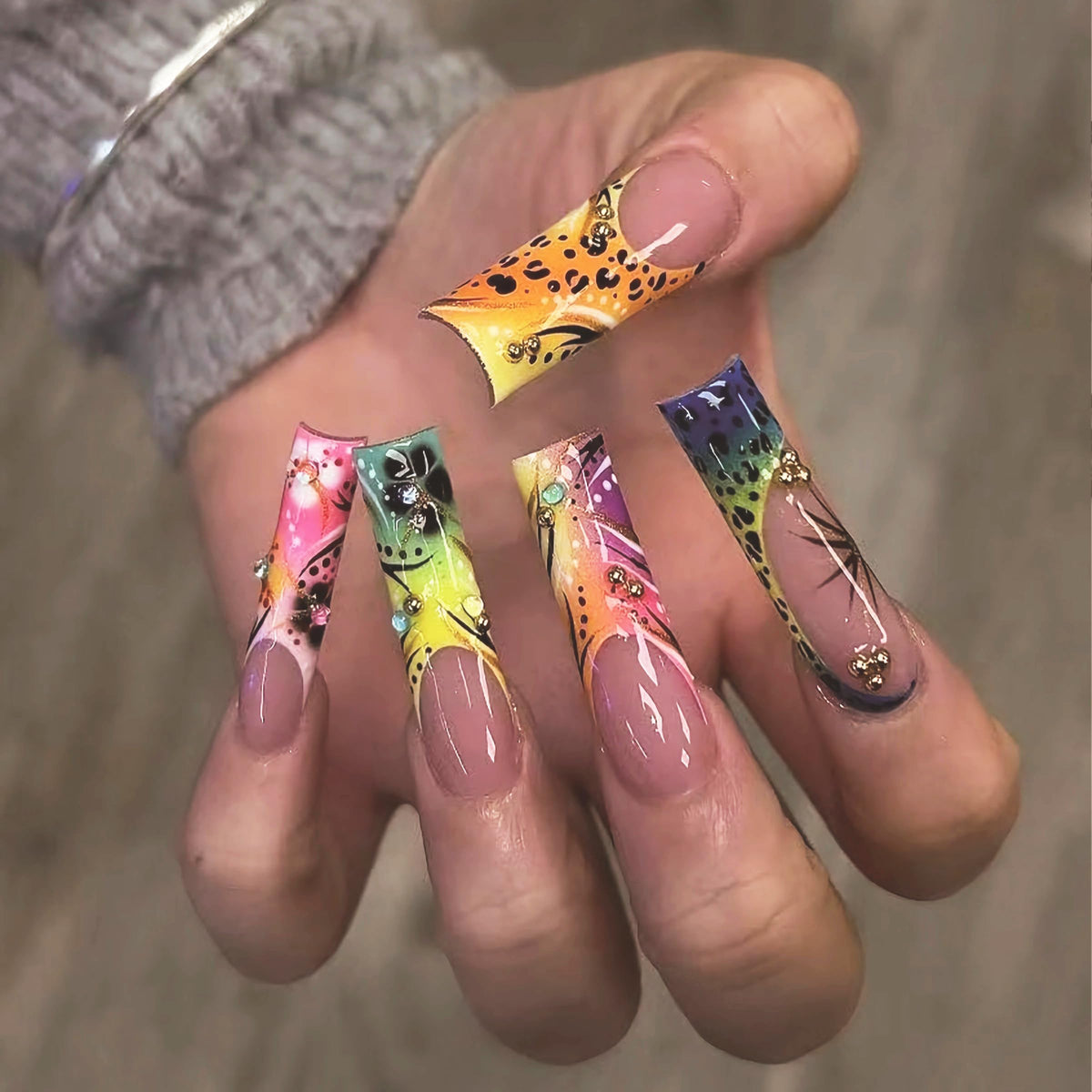 BABALAL Press on False Nails Long Square Fake Nails Black and Gold Chrome Gothic Glue on Cross Charm Luxury 3d Design French Tip Acrylic 24Pcs Y2k Handmade Custom Full Cover Gel Nails