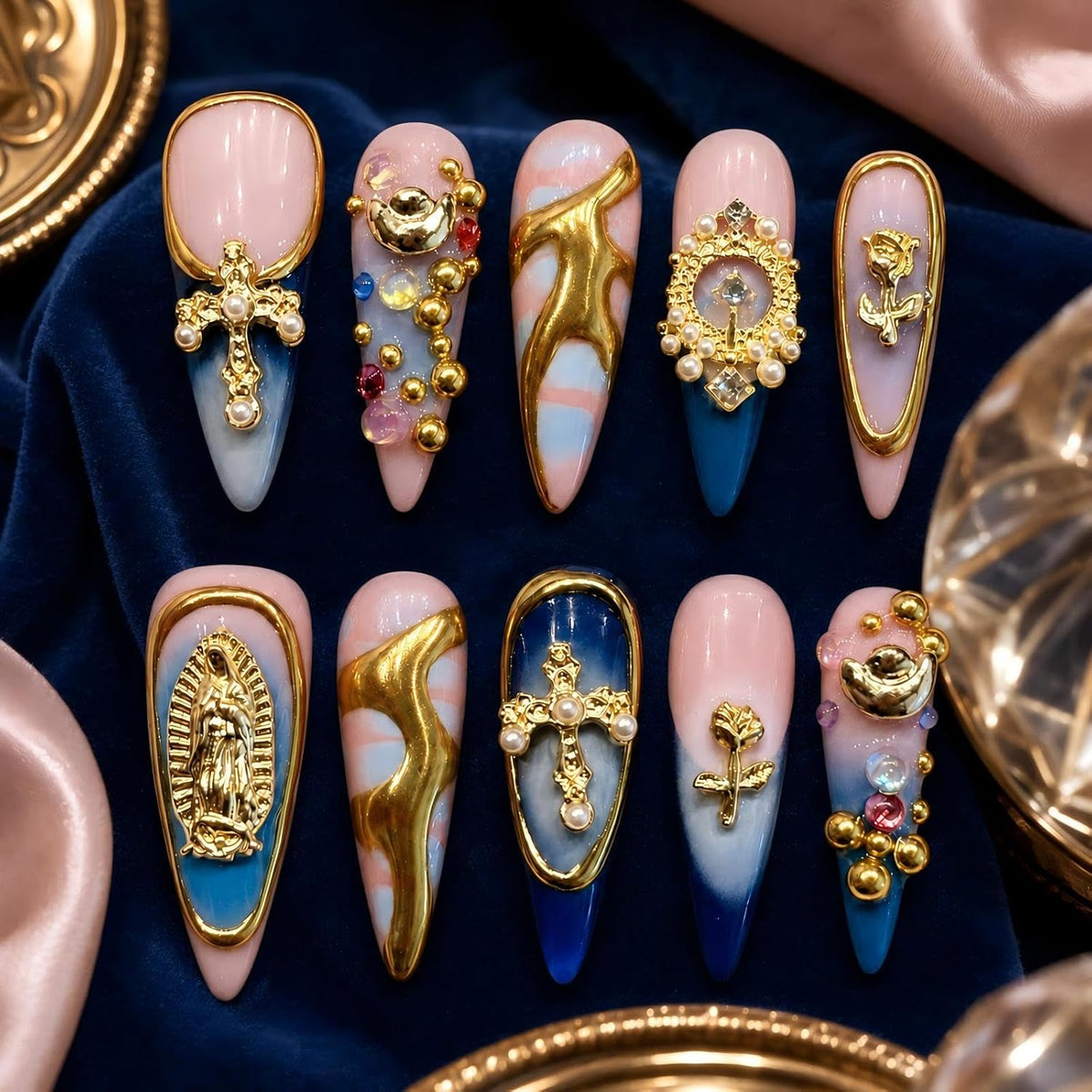 Baroque Gold Charm Press on Nails, Pink Blue Luxury Long Stiletto