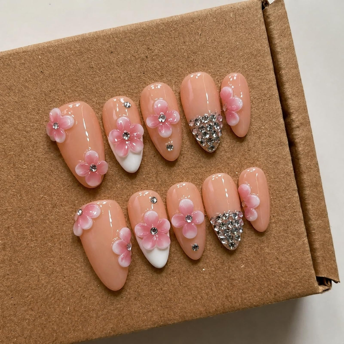 Handmade Almond Press on Nails Medium, Nude White French Tip Fake Nails with 3D White Flower Gold Metal Lines Pearl Decor, Glossy Reusable Full Cover False Nails for Women Wedding Daily(S)