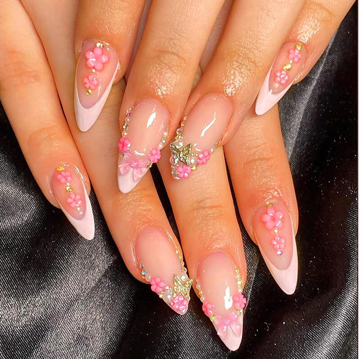 24Pcs Handmade Press on Almond Nails Nude Pink White Gold Flower Fake Nails Pearl False Nails Elegant Summer Nails Glue on Luxurious for Girl Women Stick on Nails Bridal Wedding Formal Events Life