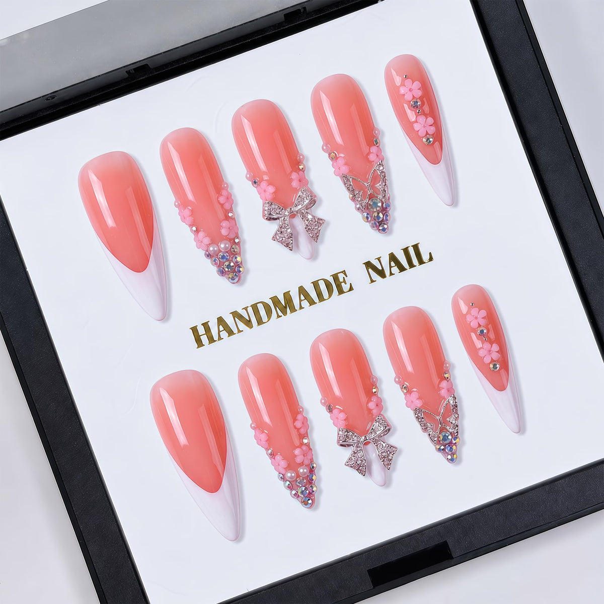 Luxury Handmade Nude Stiletto Press on Nails Long French Tip Nails