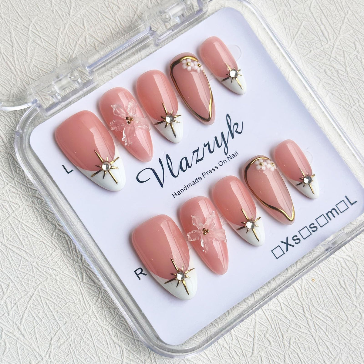 Handmade Press On Nails – Short Almond False Nails for Women, Reusable Acrylic White French Tip with Pearl & 3D Flowers Design – Salon Quality Fake Nails (10PCS Size S)