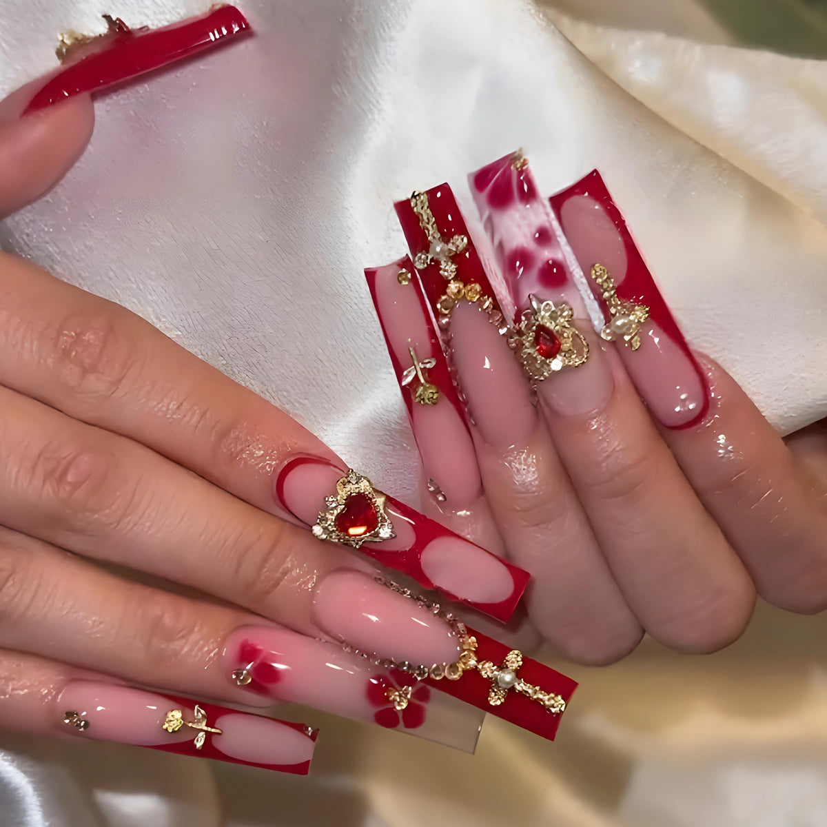 BABALAL Press on Nails, Extra Long Square Fake Nails, Gold Chrome French Tip, Luxury Rhinestone & Star Charm Design, Bling Shiny Reusable Glue on Nails 24Pcs