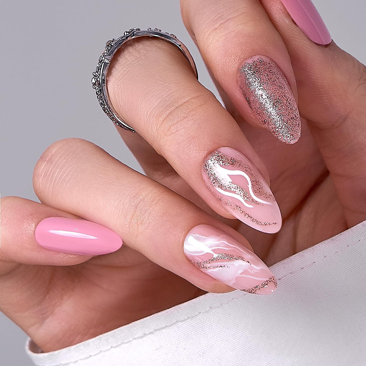 CurvLife Long French Tip Press On Nails, Pearl Rhinestones, Soft Gel