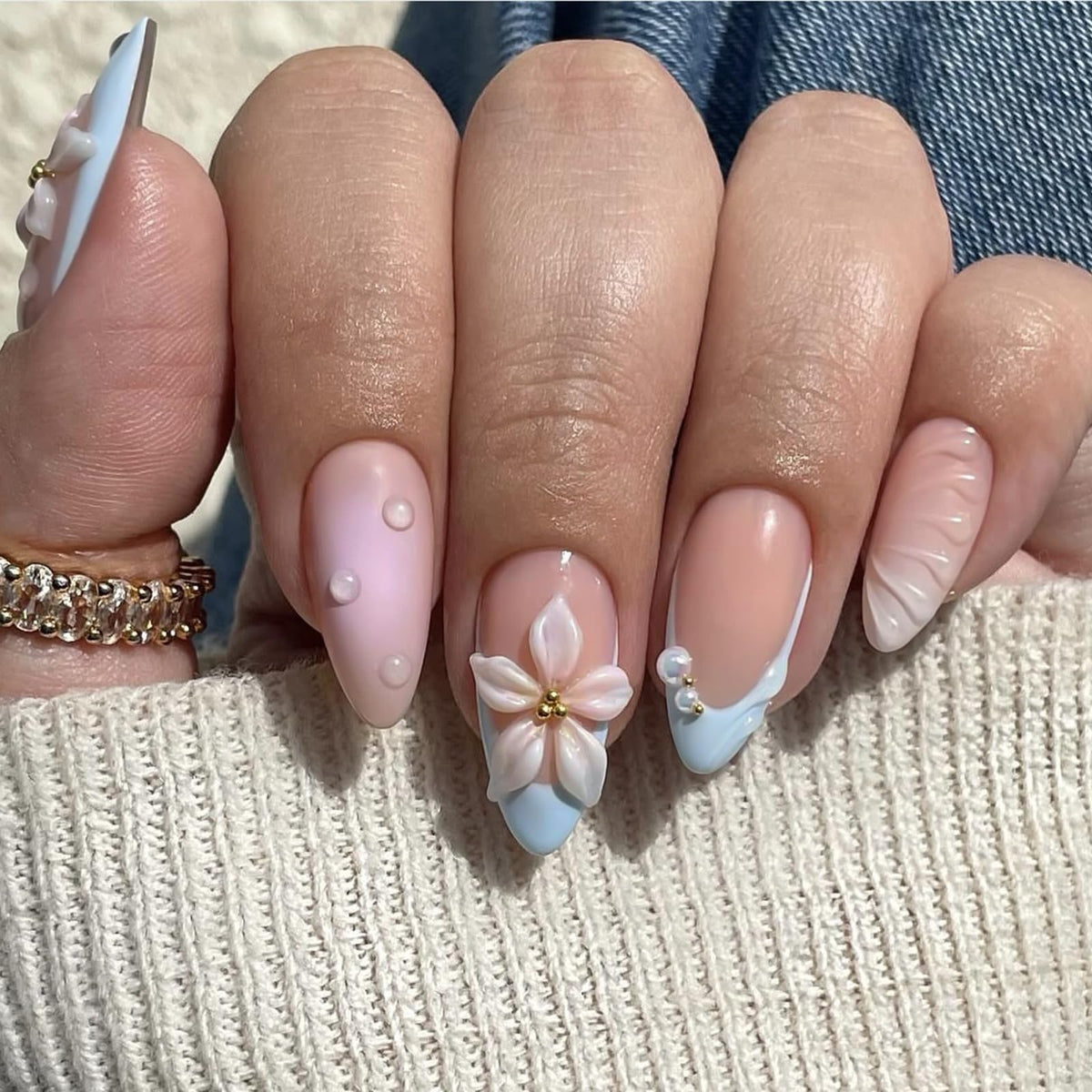 HOSAILY Medium Almond White French Tip Press on Nails 3D White Embossed Floral Designs Fake Nails Pearl Gold Glue on Nails Rhinestones Stick on Nails, 24PCS Bridal Luxury Nails for Women Daily Wedding