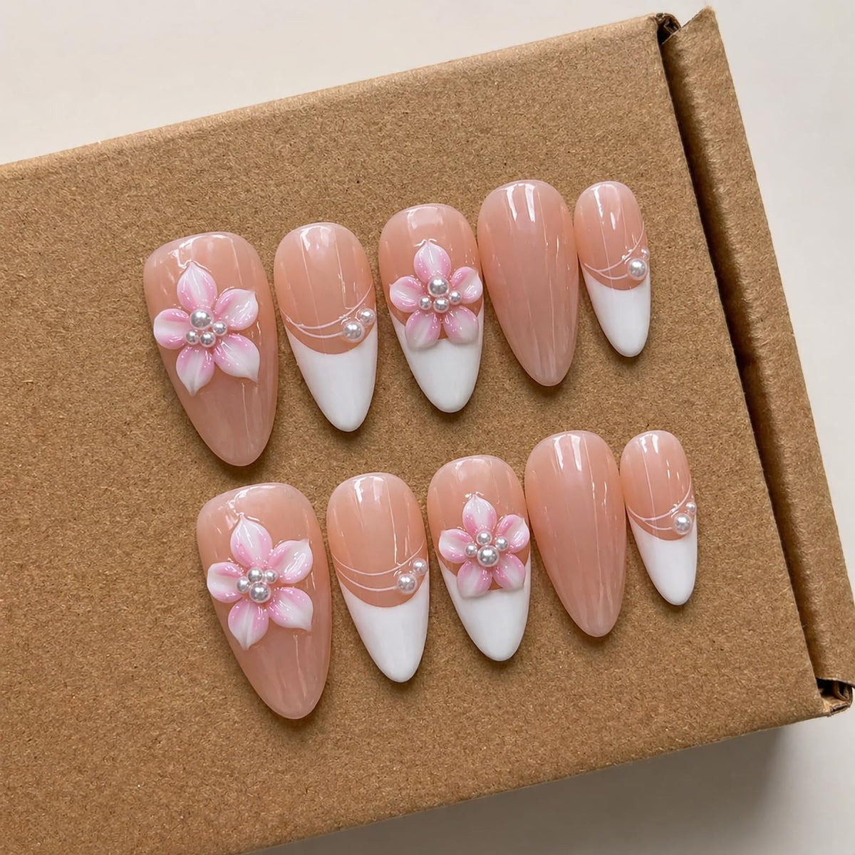 Handmade Almond Press on Nails Medium, Nude White French Tip Fake Nails with 3D White Flower Gold Metal Lines Pearl Decor, Glossy Reusable Full Cover False Nails for Women Wedding Daily(S)