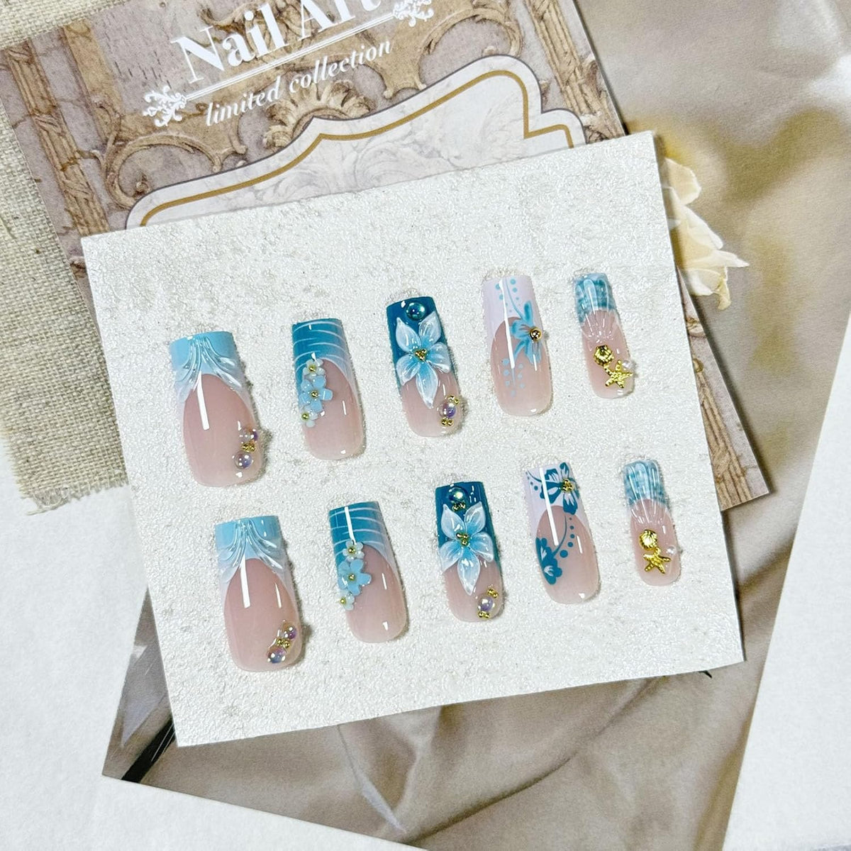 IMSOHOT Luxury Handmade Press on Nails Long Square Fake Nails with 3D Flower Designs Glossy Blue French Tips False Nails Full Cover Acrylic Glue Stick on Nails for Women