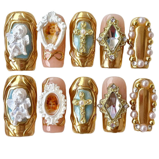 Handmade Press On Nails Luxury Set (Baroque, M)