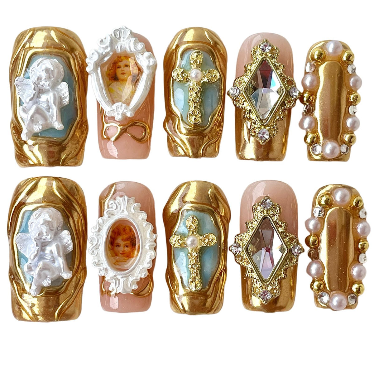 Handmade Press On Nails Luxury Set (Baroque, M)