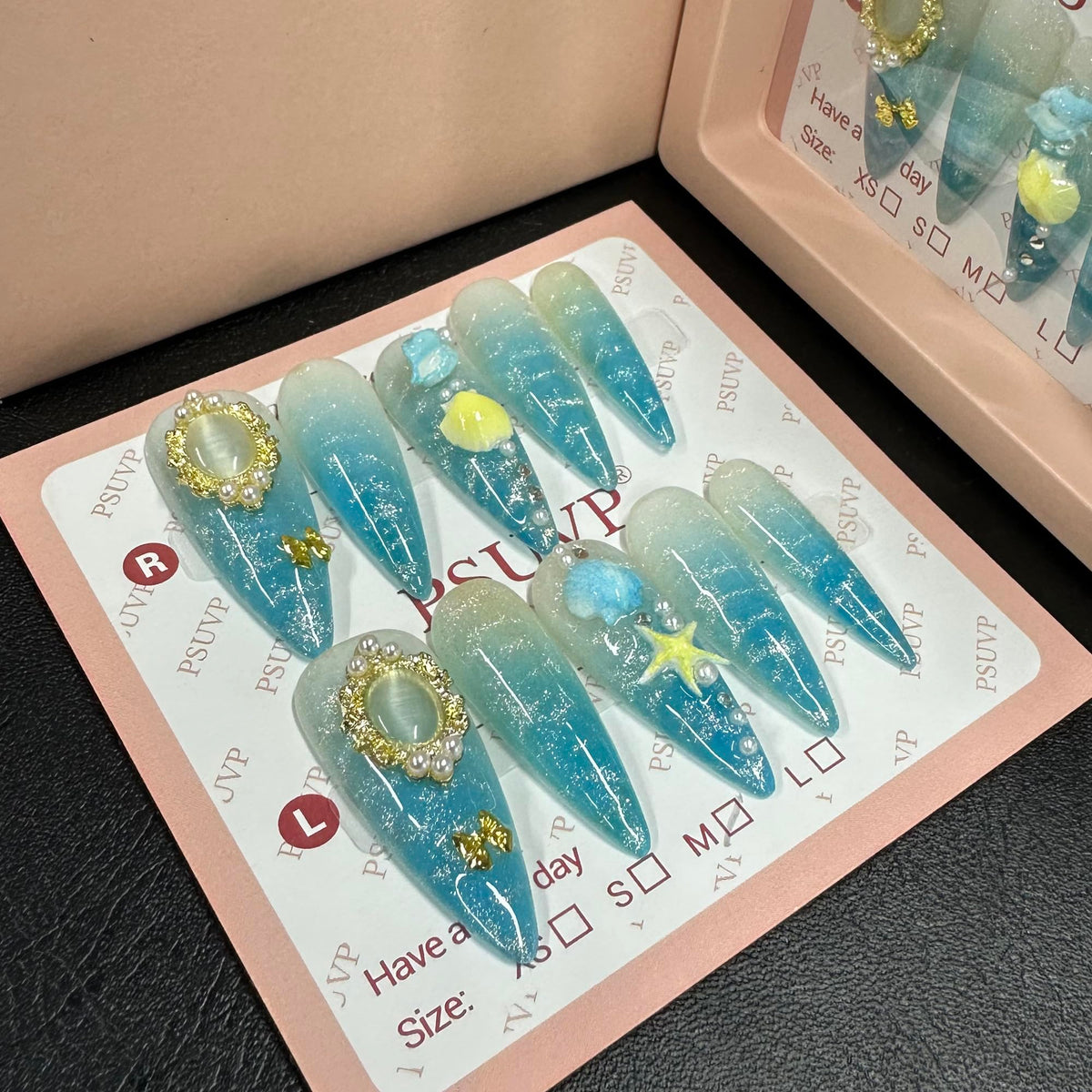 10Pcs Handmade Press On Nails 3D White Floral Luxury Diamond Coffin M